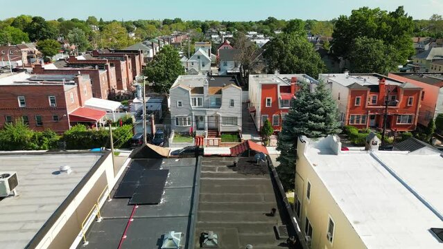 Descending Aerial Shot of Neighborhood Homes in Hollis Queens, NY