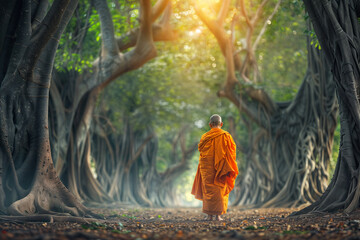 Monk in orange robe standing beneath Bodhi trees