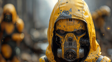 Soldier or Robot wearing yellow protective gear in future hostile environment