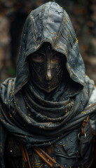 An armored hooded figure wearing a mask and black armor