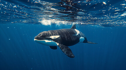 orcas or killer whales in Kvænangen fjord in Norway hunting for herrings. Pod of orcas swimming...
