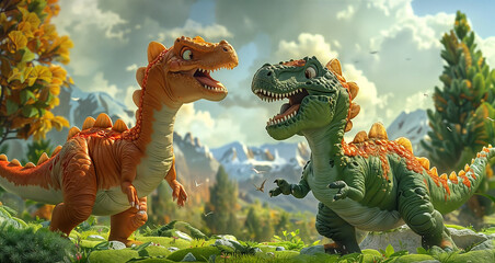Toy dinosaurs in whimsical outdoor scene
