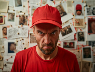 Angry man wearing red cap standing in front of wall tracking conspiracy theories