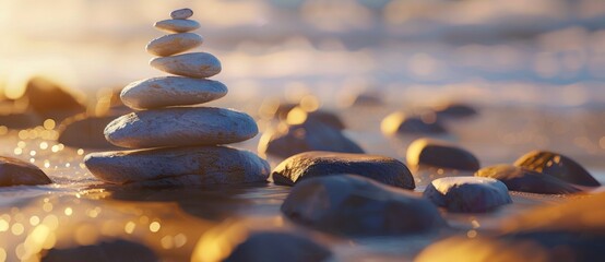A stack of balanced rocks on the beach with waves in background