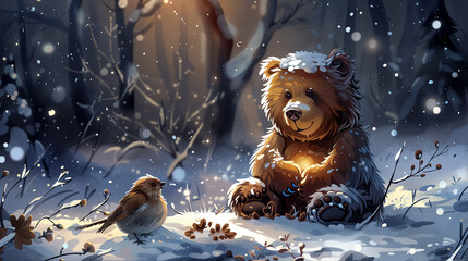 Teddy bear with small bird in winter scene illustration