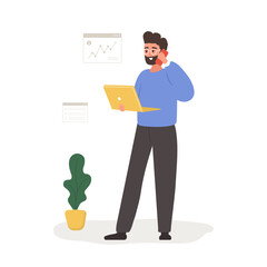Male entrepreneur. Successful man talking on phone and holding laptop. Modern office worker or business expert. Vector illustration in flat cartoon style.