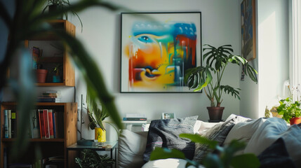 A living room with a colorful painting on the wall and a couch with pillows. The room has a cozy and welcoming atmosphere