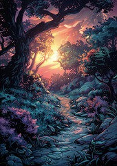 Colorful forest illustration in comic book or graphic novel style