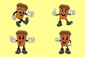 Vector set with cartoon retro mascot mascot monochrome illustrations. Vintage style 30s, 40s, 50s cartoon style