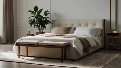 interior of a bedroom,Decorative pillow natural Fabric on the bed,Bed runner and throw pillows on bed


