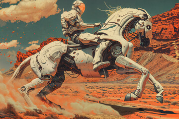 Robotic sheriff or cowboy on robotic horse illustration