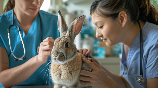 A veterinarian with a statoscope examines an animal in the clinic. Pet health care concept. Advertising background for veterinary service.