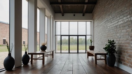 interior of a house,A spacious room with wooden floors, brick walls, and large windows. There are two wooden benches and three vases placed on the floor.
