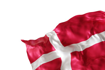 Realistic flag of Denmark with folds, on transparent background. Footer, corner design element. Cut out. Perfect for patriotic themes or national event promotions. Empty, copy space. 3D render.