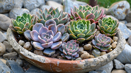 An elegant arrangement of Echeveria plants in a decorative planter, with their striking geometric rosettes and pastel-colored leaves creating a visually pleasing display against