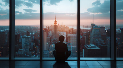 A man sits in a window looking out at the city