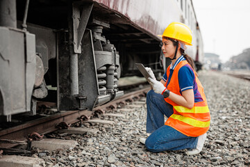 Train locomotive engineer women worker. Young teen Asian working check service maintenance train using tablet computer software. - 794912892