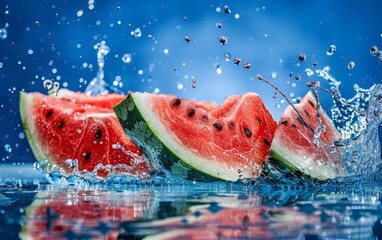 A watermelon is sliced and floating in a pool of water