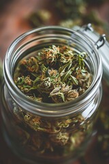 Cannabis buds in jar close-up