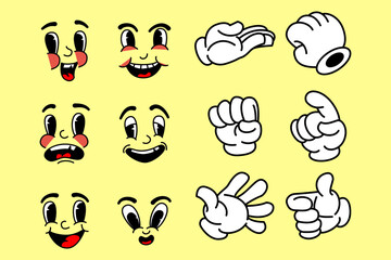 Vector set with cartoon retro mascot mascot monochrome illustrations. Vintage style 30s, 40s, 50s cartoon style