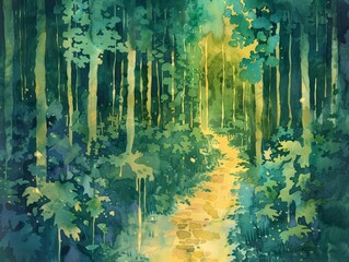 A whimsical forest path, leaves dripping with watercolor hues of green and gold, kawaii, bright water color