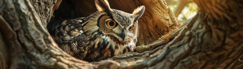 A wise owl with a monocle, teaching young hatchlings about compound interest and savings, in a cozy tree hollow turned classroom