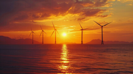 Wind turbines at sea bask in a golden sunset