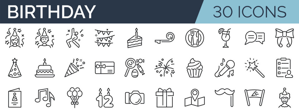 Set of 30 outline icons related to birthday. Linear icon collection. Editable stroke. Vector illustration