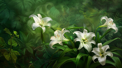 Fototapeta na wymiar cluster of Easter Lily flowers adorning a lush green garden, their elegant white blossoms standing out against the vibrant foliage, 