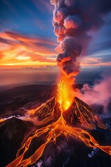 Volcano erupting at dusk fiery spectacle