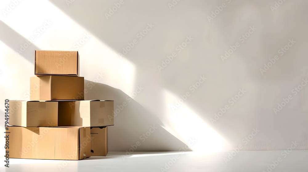 Poster stack of cardboard boxes illuminated by sunlight in a minimalistic style. perfect for moving day con