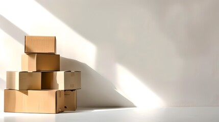 Stack of cardboard boxes illuminated by sunlight in a minimalistic style. Perfect for moving day concepts or storage solutions. AI