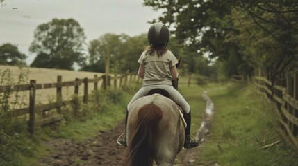 A woman, a girl, a child riding a horse on a horseback ride in a deserted rural area with beautiful nature.