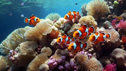 Clownfish, exotic fish, coral reefs, a colorful underwater environment, and underwater ecosystems