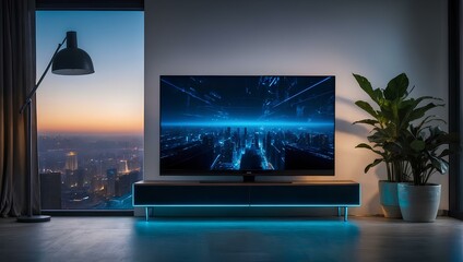Smart tv in modern living room interior design with blue neon lights, 3d render. Generative ai.