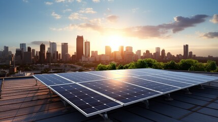 A photo of a solar panel array on a rooftop, with the city skyline in the background.
