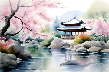Tranquil Japanese Garden Pond: Vibrant Koi Fish Swimming Amongst Serene Waterfalls and Lush Greenery