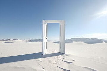 Open white door in middle of desert.