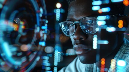 Tech Savvy Woman, DevOps concept, software development, IT operations, agile programming, virtual reality glasses future technology, screen with many graphs and numbers