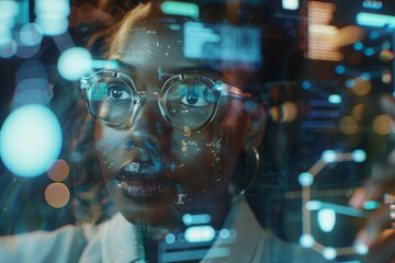 R&D centre image with portrait of engineers wearing protection glasses researching new energy sources Woman immersed in virtual reality tech, with a background hinting at futuristic interfaces