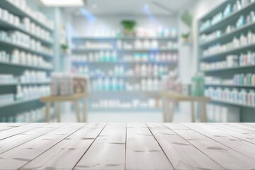 .Blurred pharmacy background with shelves full of medicine and healthcare products.
