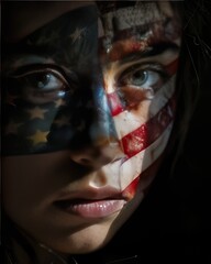 close-up portrait of an American woman with a smeared American flag pattern on her face, against a black background. Fourth of July celebration concept.