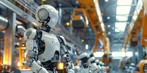 A robot is standing and performing duties in an industrial factory.