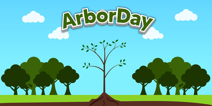 Arbor day celebration with young tree being planted in the center, surrounded by lush green trees and fluffy clouds under bright blue sky, symbolizing environmental awareness and growth - Powered by Adobe