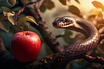 Snake in a apple tree next to a red apple representing original sin. - obrazy, fototapety, plakaty