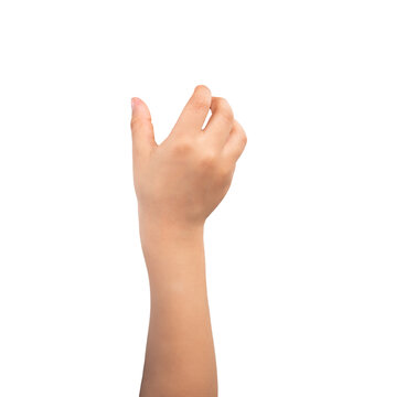 Close-up of child hand holding some like a blank object isolated on a white background