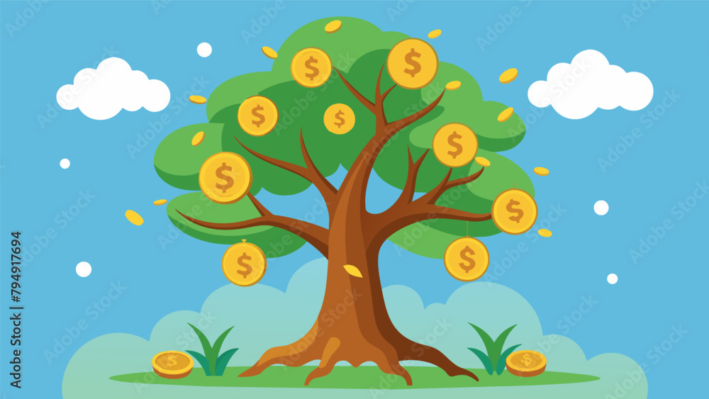 Poster a gnarled old tree adorned with sparkling coins and leaves of money symbolizing the wealth of knowle