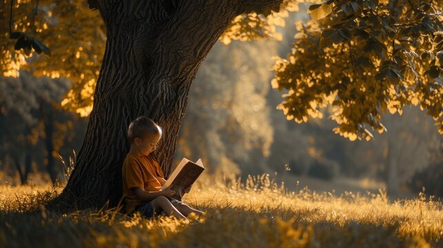 Little boy sitting under a tree reading a book.AI generated image