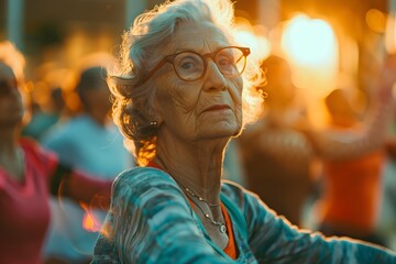 Obraz premium Vibrant Senior Woman Embracing Active Lifestyle with Joyful Enthusiasm during Golden Hour