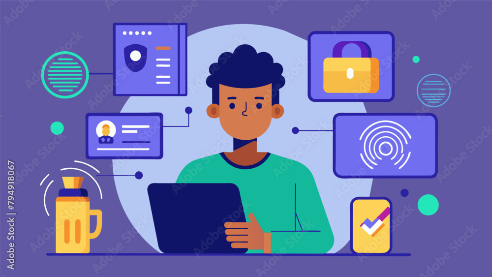 Poster a person is seen using a biometric payment od such as facial recognition or fingerprint scanning to 